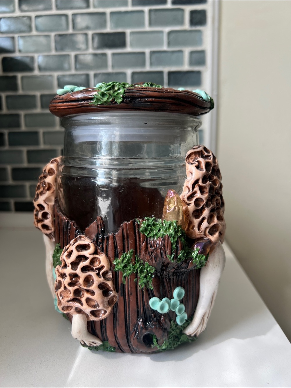 Handcrafted Woodland Morel Mushroom Mason Jar with Crystals